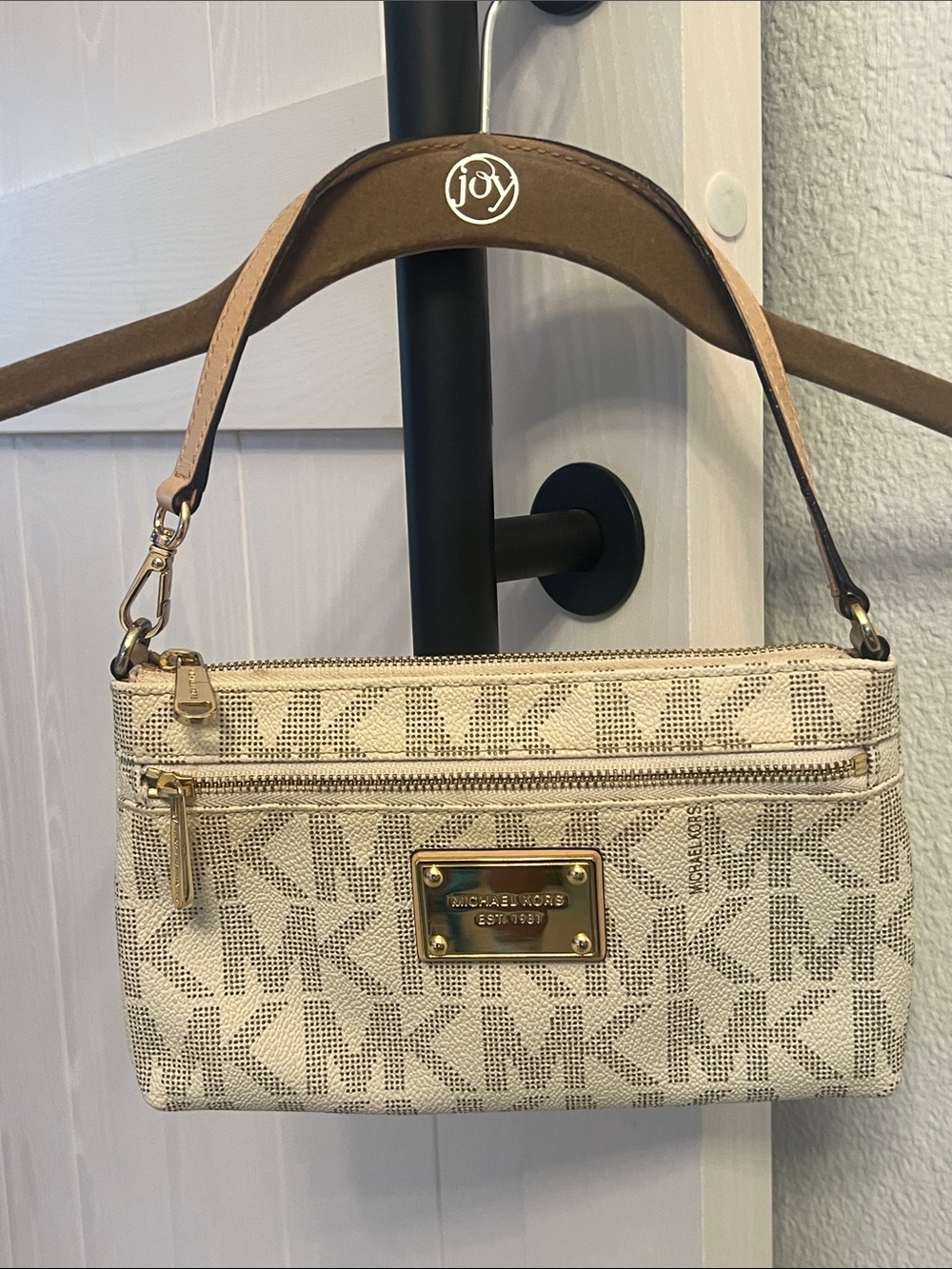 Michael Kors Cream Beige Signature MK Logo Wristlet with Gold Hardware